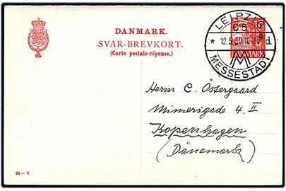 15 øre Karavel svardel af dobbelt helsagsbrevkort (fabr. 84-Y) annulleret med tysk stempel i Leipzig d. 12.5.1930 til København, Danmark.