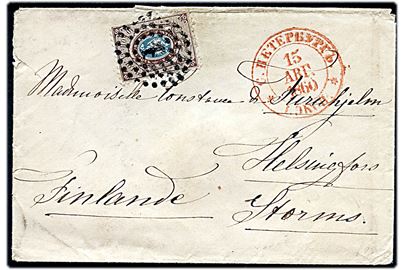 10 kop. Våben single på brev annulleret med nr.stempel 1 og sidestemplet S. Petersburg d. 15.4.1860 til Helsingfors, Finland.
