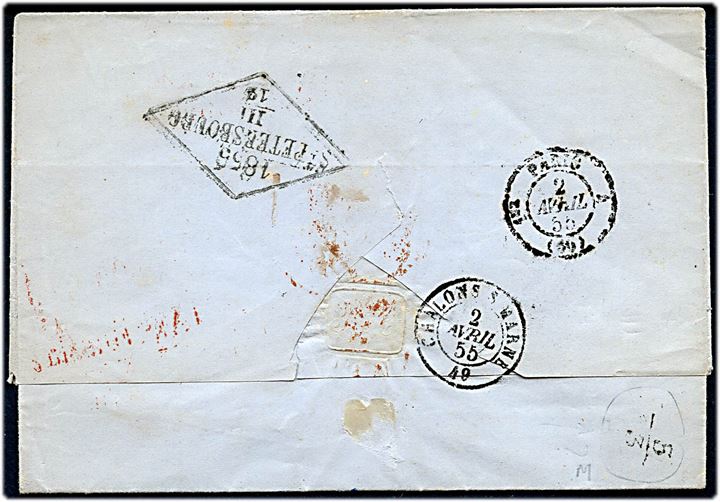 1855. Ufrankeret francobrev ærket P.D. med rammestempel Aus Russland og på bagsiden rammestempel St. Petersbourg d. 12.3.1855 via Paris til Chalons s/Marne, Frankrig. Fuldt indhold.