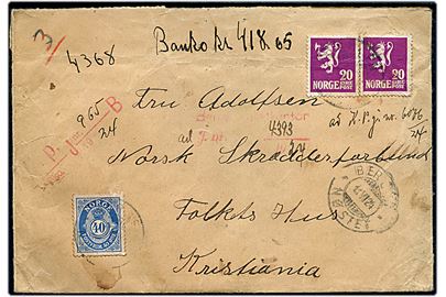 20 øre Løve (2) og 40 øre Posthorn på bankobrev fra Bergen Nøstet d. 13.6.1924 til kristiania. På bagsiden 2 laksegl: Bergen Nøstet.