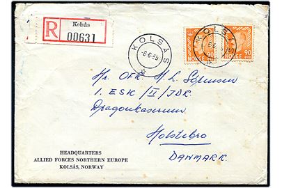 90 øre Haakon (2) på fortrykt kuvert fra Headquarters Allied Forces Northern Europe sendt anbefalet fra Kolsås d. 8.6.1959 til Dragonkasernen i Holstebro, Danmark. Fra dansk sgt. ved Signal Division, HQ AFNORTH. Tape på bagsiden. Fuldt indhold.