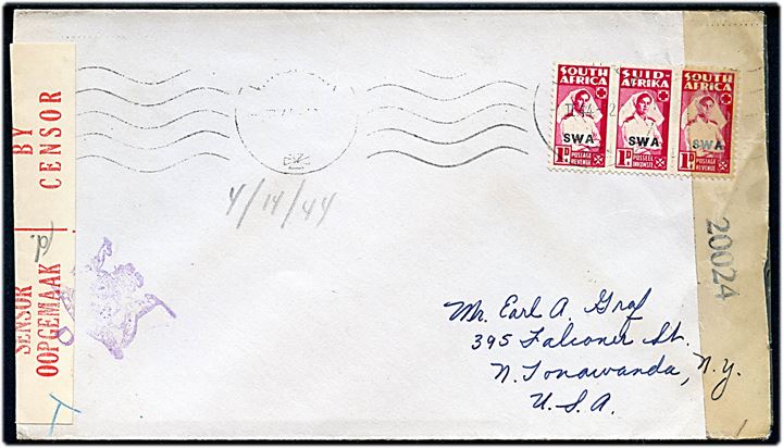 1d SWA provisorium i 3-stribe på brev annulleret med svagt stempel d. 1.2.1944 til USA. Åbnet af sydafrikansk og amerikansk censur.