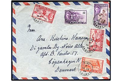 2 c., 8 c. (8), 12 sc. og 50 c. George VI på luftpostbrev fra norsk tankskib M/T Sagona stemplet Miri Sarawak d. 14.1.1954 til København, Danmark. Urent åbnet. 