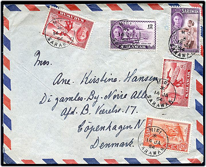 2 c., 8 c. (8), 12 sc. og 50 c. George VI på luftpostbrev fra norsk tankskib M/T Sagona stemplet Miri Sarawak d. 14.1.1954 til København, Danmark. Urent åbnet. 