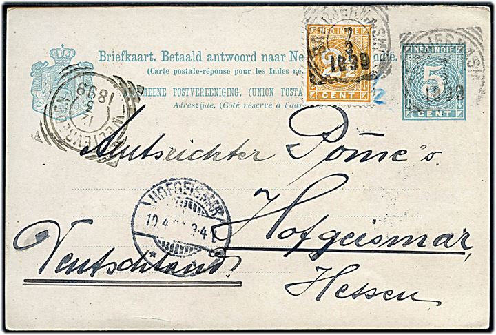 5 c. spørgedel af helsags dobbeltbrevkort opfrankeret med 2½ c. Ciffer fra Weltevreden d. 12.3.1899 til Hofgeismar, Tyskland.