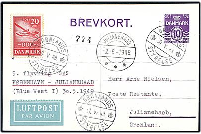 10 øre Bølgelinie helsagsbrevkort opfrankeret med 20 øre DDL sendt som luftpost på 5. SAS flyvning København - Julianehaab (Bluie West 1) annulleret Grønlands Styrelse d. 30.5.1949 og ank.stemplet Julianehaab d. 2.6.1949. Returneret via Grønlands Styrelse d. 17.6.1949.