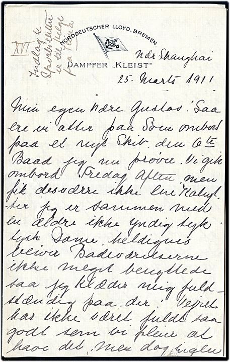 10 cents Edward VII på brev med lagt indhold fra Hong Kong d. 23.3.1911 til Hellerup, Danmark. Medfølger yderligere brevindhold skrevet ombord på den tyske damper Kleist under rejse til Hong Kong.