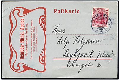 10 pfg. Germania på illustreret brevkort fra frimærkehandler Gebrüder Michel i Apolda d. 23.8.1913 til Reykjavik, Island.
