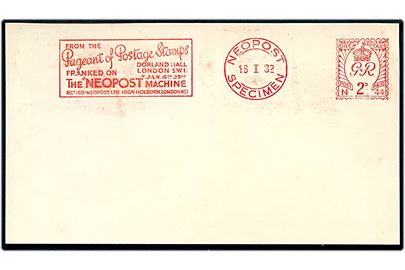 Britisk 2d prøveaftryk af Neopost frankostempel på uadresseret brevkort d. 16.1.1932.