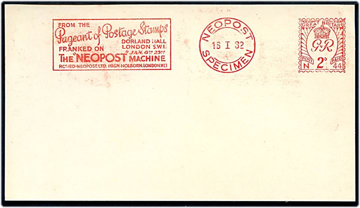 Britisk 2d prøveaftryk af Neopost frankostempel på uadresseret brevkort d. 16.1.1932.