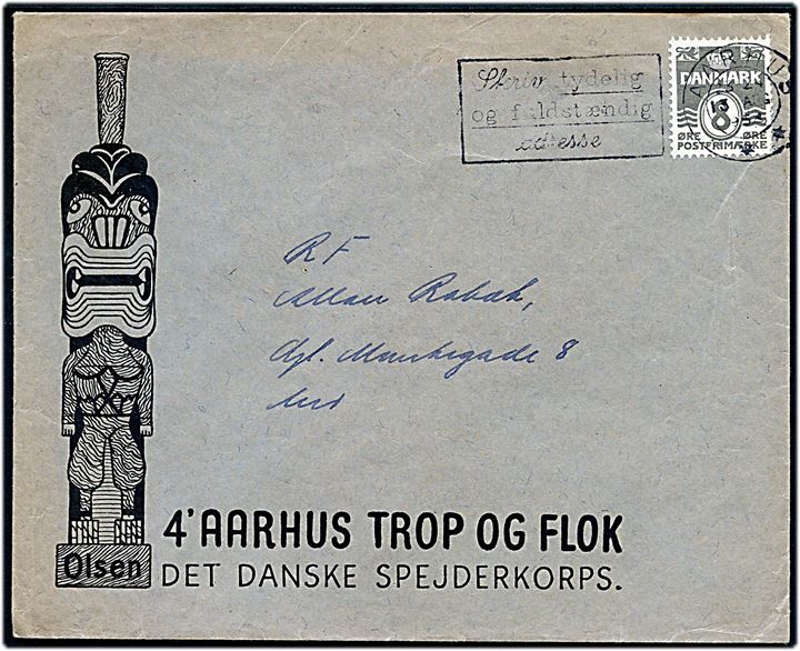 8 øre Bølgelinie på illustreret spejderkuvert 4' Aarhus Trop og Flok / Det danske Spejderkorps sendt som lokal tryksag i Aarhus d. 13.8.1952.
