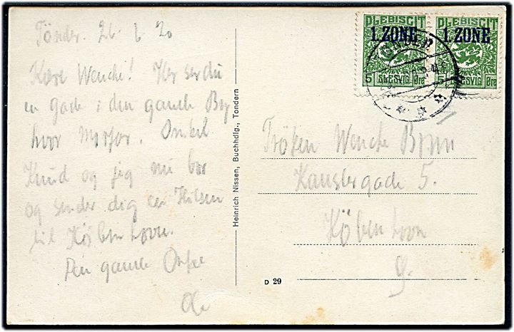 5 øre 1. Zone udg. i parstykke på brevkort (Tondern, Wolfstrasse) annulleret med brotype IIb Tønder sn2 d. 25.6.1920 til København.