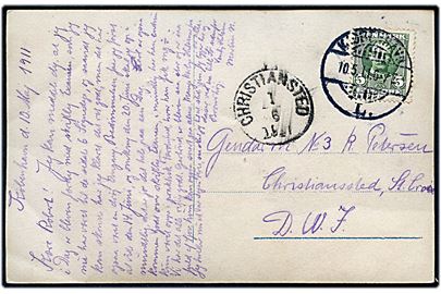 5 øre Fr. VIII på brevkort fra Kjøbenhavn d. 10.5.1911 til Gendarm No. 3 K. Petersen, Christiansted, St. Croix, Dansk Vestindien. Ank.stemplet Christiansted d. 1.6.1911.