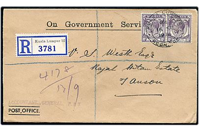 10 c. George V i parstykke på tjenestebrev sendt anbefalet fra Kuala Lumpur d. 16.9.1936 til Telok Anson.
