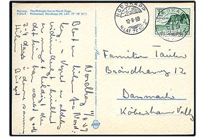 25+10 øre Nordkap udg. på brevkort annulleret med særstempel Nordkapp d. 12.8.1959 til København, Danmark.