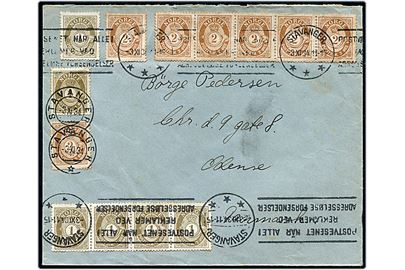 1 øre (6) og 2 øre (7) Posthorn på brev fra Stavanger d. 3.11.1934 til Odense, Danmark.