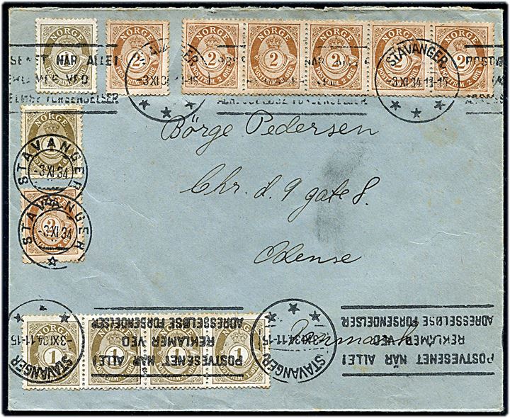 1 øre (6) og 2 øre (7) Posthorn på brev fra Stavanger d. 3.11.1934 til Odense, Danmark.