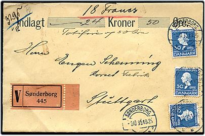 30 øre H. C. Andersen (3) på værdibrev fra Sønderborg d. 9.10.1935 til Stuttgart, Tyskland.