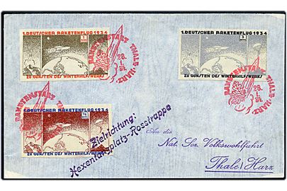 ½ mk., 1 mk., og 3 mk. 1. Deutscher Raketenflug 1934 raketpost mærker på brev annulleret med rødt stempel Raketenstart Thale, Harz d. 28.1.1934 til Thale. Liniestempel: Zielrichtung: Hexentanzplatz-Rosstrappe. 