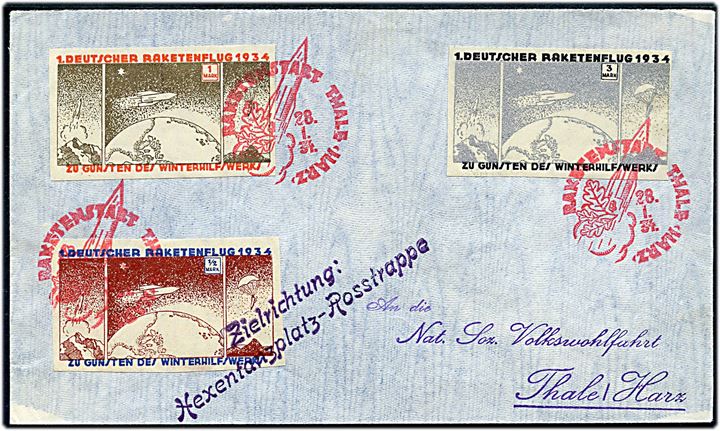 ½ mk., 1 mk., og 3 mk. 1. Deutscher Raketenflug 1934 raketpost mærker på brev annulleret med rødt stempel Raketenstart Thale, Harz d. 28.1.1934 til Thale. Liniestempel: Zielrichtung: Hexentanzplatz-Rosstrappe. 
