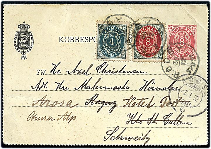 8 øre helsagskorrespondancekort opfrankeret med 4 øre og 8 øre Tofarvet annulleret med lapidar Rødby d. 30.12.1891 til Ragaz, Schweiz - eftersendt til Arosa.