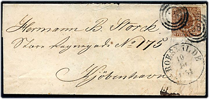 4 R.B.S. Thiele III på brev annulleret med nr.stempel 58 og sidestemplet antiqua Roeskilde d. 10.10.1854 til Kjøbenhavn.