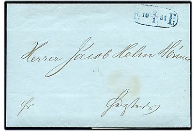 1851. Fodpostbrev fr i København med fuldt indhold og blåt ovalt stempel F:P: d. 2.1.1851.