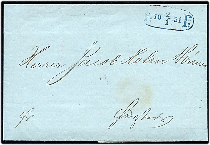 1851. Fodpostbrev fr i København med fuldt indhold og blåt ovalt stempel F:P: d. 2.1.1851.