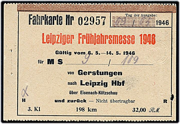 Leipziger Frühjahrsmesse 1946 Fahrkarte fra Gerstungen til Leipzig Hbf. 