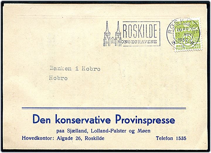 12 øre Bølgelinie single på illustreret tryksag fra Den konservative Provinspresse i Roskilde d. 27.11.1952 til Hobro.
