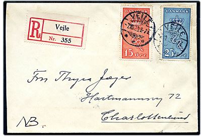 15+5 øre og 25+5 øre Kræftmærke på anbefalet brev annulleret med brotype Ia Veile d. 7.10.1929 til Charlottenlund.