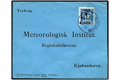 7/4 øre Provisorium på fortrykt tryksagskuvert annulleret Frederikshavn d. 14.6.1926 til Meteorologisk Institut, Kjøbenhavn.