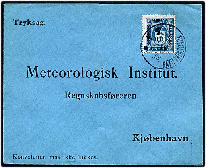 7/4 øre Provisorium på fortrykt tryksagskuvert annulleret Frederikshavn d. 14.6.1926 til Meteorologisk Institut, Kjøbenhavn.