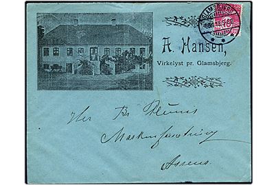 10 øre Bølgelinie på illustreret firmakuvert fra A. Hansen, Virkelyst stemplet Glamsbjerg d. 30.9.1913 til Assens.