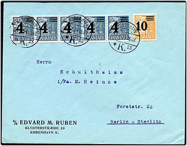 4/25 øre (5-stribe) og 10/30 øre Provisorium på brev fra København d. 31,7,1934 til Berlin, Tyskland.