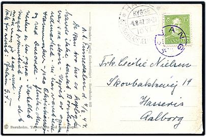 15 øre Chr. X på brevkort annulleret med violet udslebet stjernestempel VANG og sidestemplet Hasle d. 4.8.1947 til Aalborg.