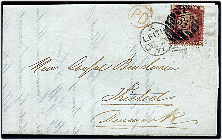 1d Victoria pl. 144 på tryksag fra Leith d. 26.12.1871 via Horsens d. 29.12.1871 til Thisted, Danmark.