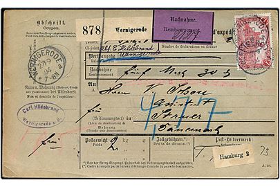 1 mk. Hauptpostamt single på internationalt adressekort for pakke med opkrævning fra Wernigerode d. 27.9.1904 til Struer, Danmark.