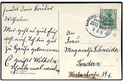 5 pfg. Germania på brevkort annulleret med bureaustempel Hamburg - Hoyerschleuse Bahnpost Zug 1008 d. 3.5.1911 til Tønder.