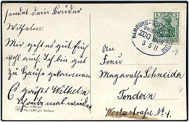 5 pfg. Germania på brevkort annulleret med bureaustempel Hamburg - Hoyerschleuse Bahnpost Zug 1008 d. 3.5.1911 til Tønder.