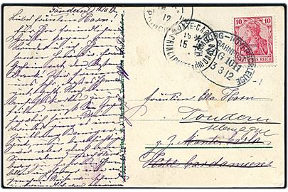 10 pfg. Germania på brevkort fra Tønder annulleret med bureaustempel Hamburg - Hoyerschleuse Bahnpost Zug 1011 d. 13.3.1912 til Monte Carlo, Monaco - eftersendt til Tønder. Usædvanlig destination.
