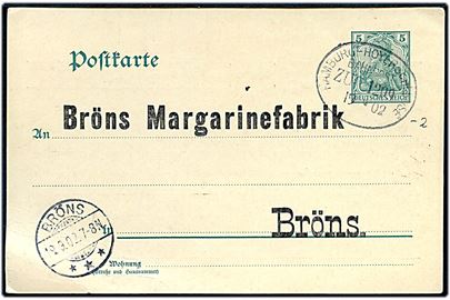 5 pfg. Germania helsagsbrevkort annulleret med bureaustempel Hamburg - Hoyerschleuse Bahnpost Zug 1209 d. 19.9.1902 til Bröns.