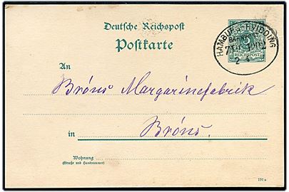 5 pfg. helsagsbrevkort dateret Nørmark annulleret med bureaustempel Hamburg - Hvidding Bahnpost Zug 1002 d. 2.4.1891 til Brøns.