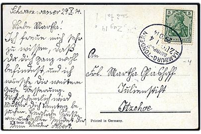 5 pfg. Germania på brevkort dateret Schwarzwasser annulleret med bureaustempel Hamburg - Tondern Bahnpost Zug 14 d. 29.10.1914 til Itzehoe. Små cifre i tog-nr.