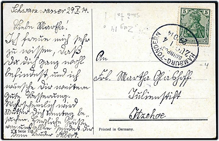 5 pfg. Germania på brevkort dateret Schwarzwasser annulleret med bureaustempel Hamburg - Tondern Bahnpost Zug 14 d. 29.10.1914 til Itzehoe. Små cifre i tog-nr.