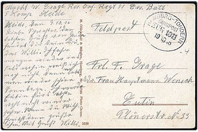 Ufrankeret feltpostkort fra soldat i Heide med bureaustempel Hamburg - Tondern Bahnpost Zug 1011 d. 10.10.1916 til Eutin.