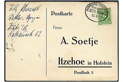 40 pfg. Infla udg. på brevkort fra Wilster annulleret med bureaustempel Hamburg - Tondern Bahnpost Zug 1920 d. 15.4.1923 til Itzehoe.