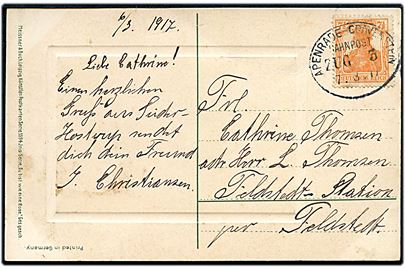 7½ pfg. Germania på brevkort annulleret med bureaustempel Apenrade - Gravenstein Bahnpost Zug 3 d. 7.3.1917 til Feldstadt.