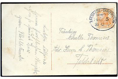 7½ pfg. Germania på brevkort annulleret med bureaustempel Apenrade - Gravenstein Bahnpost Zug 3 d. 30.12.1916 til Feldstadt.