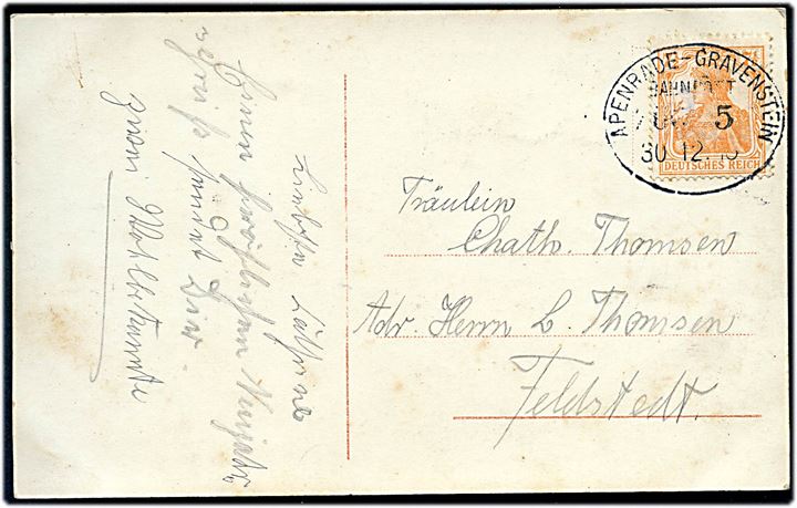 7½ pfg. Germania på brevkort annulleret med bureaustempel Apenrade - Gravenstein Bahnpost Zug 3 d. 30.12.1916 til Feldstadt.